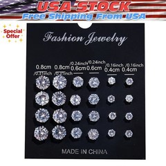 Silver Alloy Zircon Stud Earrings Set 12 Pairs Round Six Prong for For CRYSTAL