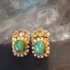 Gold Tone Clip-On Earrings Green Oval Stone Halo Clear Rhinestone Accents