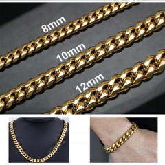 Miami Cuban Curb Link Chain Necklace or Bracelet 14K Gold Plated Stainless Steel