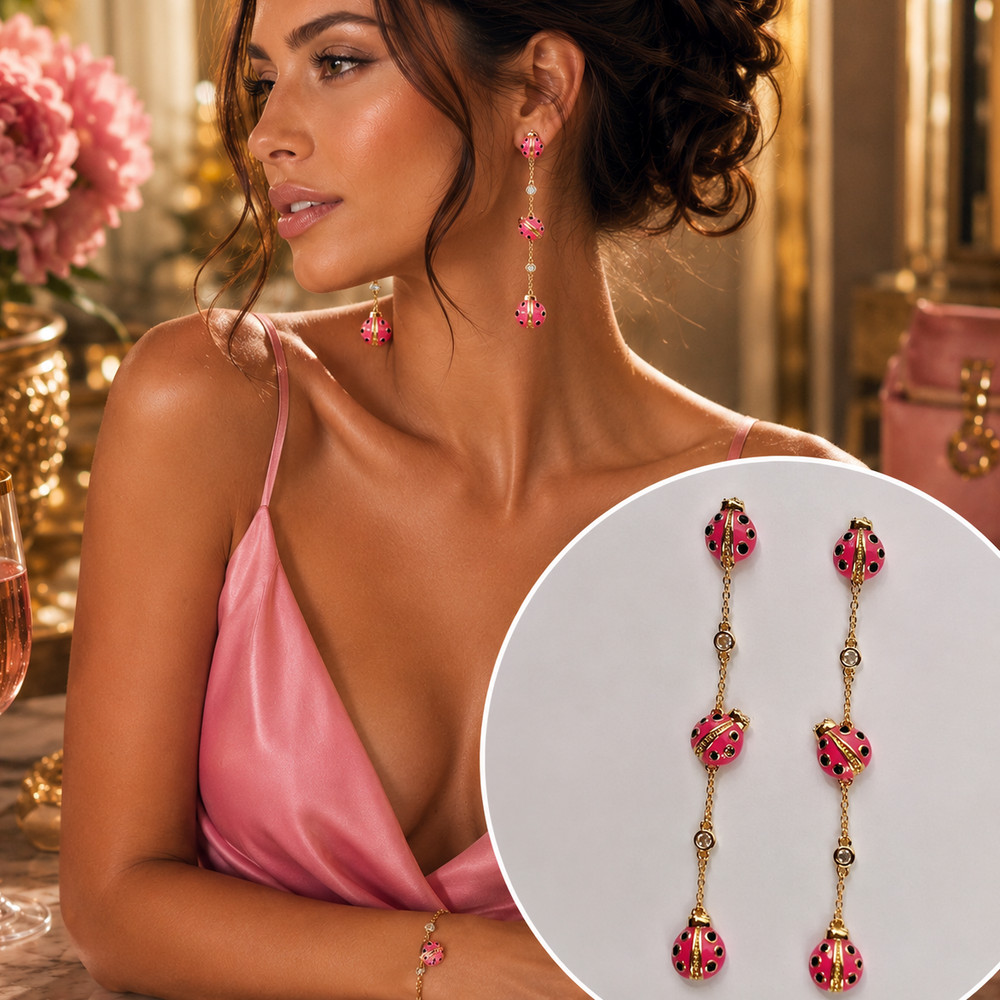Kate Spade Pink Enamel Ladybug Linear Drop Earrings Crystal Gold Dangle NEW