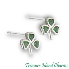 Shamrock Clover with Green CZ 925 Solid Sterling Silver Stud Post Earrings