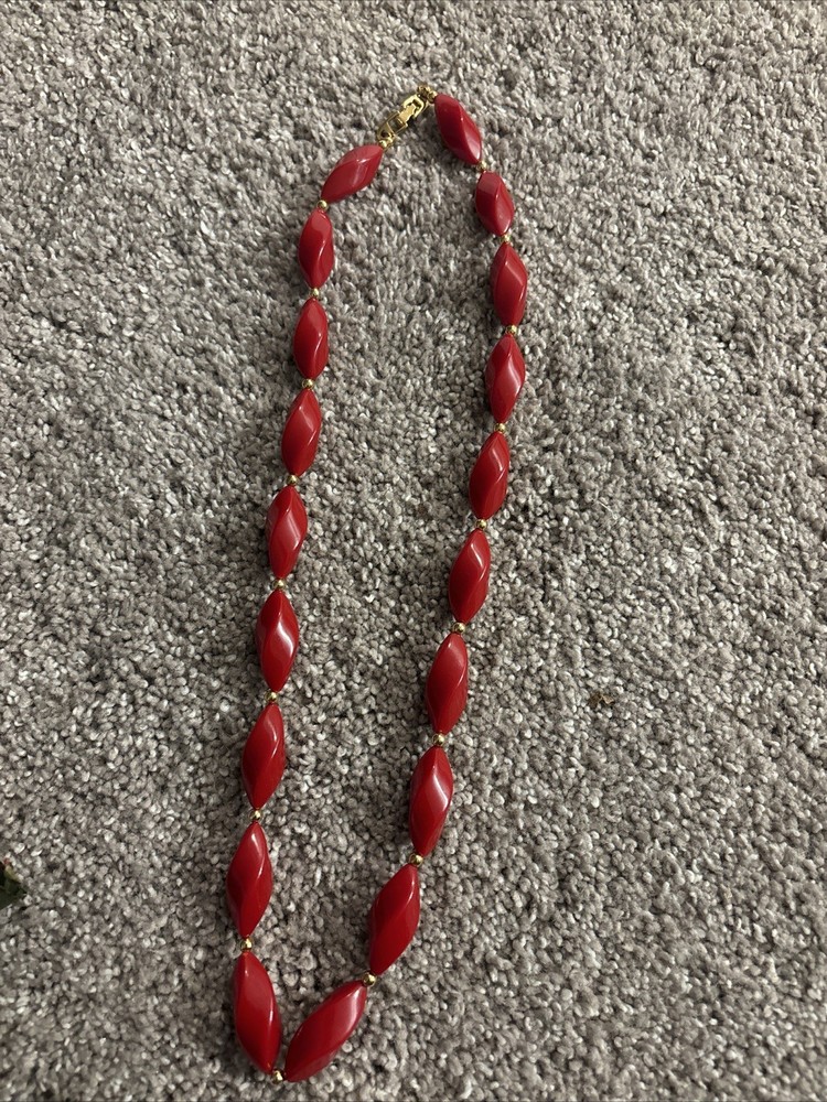 Red Bead And Gold Tones Necklace Medium Length
