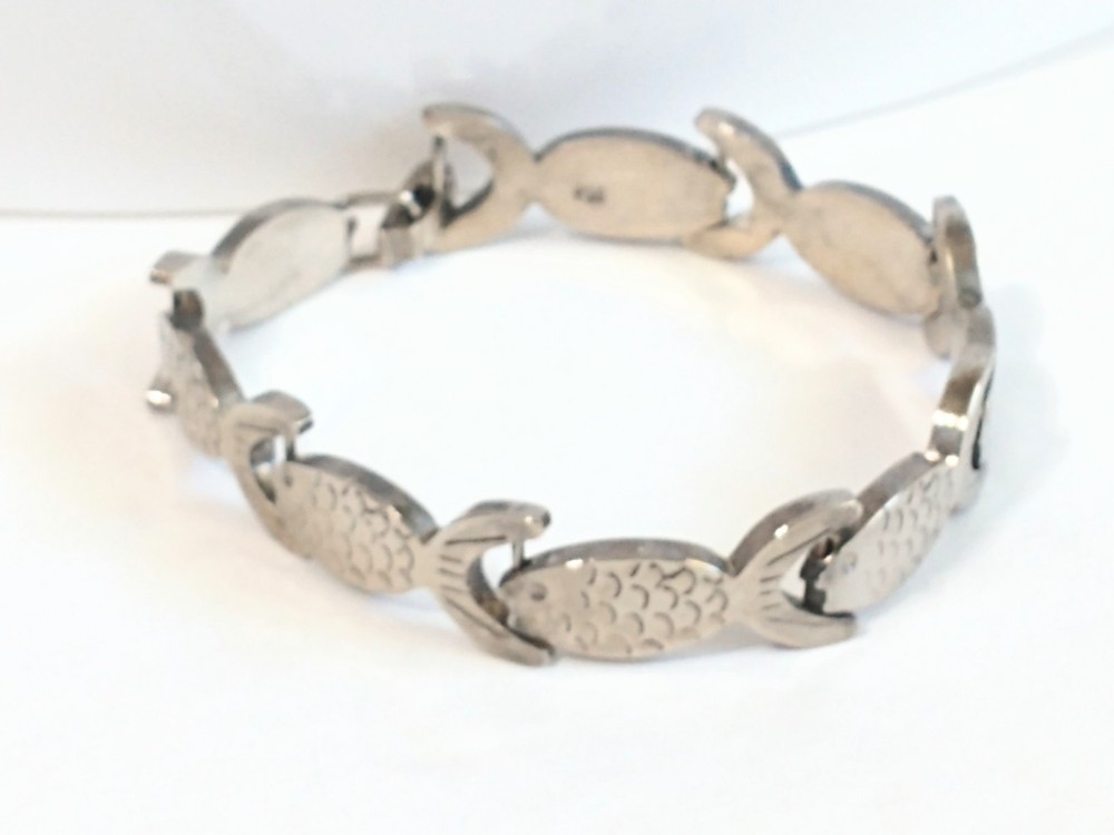 Vtg Sterling Silver 925 Interlocking Fish Links Chain 8″ Bracelet 33.56 grams