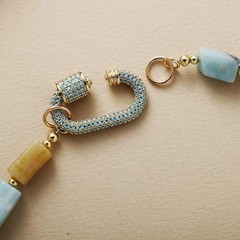 Natural Amazonite Bead Necklace 16″ Cylinder Tube Pavé Carabiner Clasp Choker