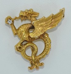 14K & Art Nouveau Chimera Dragon Brooch Watch Pin