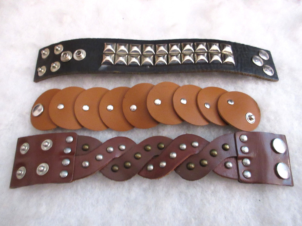 3 Leather Wrap Bracelets SilverTone Studs Snap Clasp Black Brown Tan 7.5-9″ Adj.