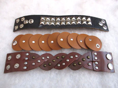 3 Leather Wrap Bracelets SilverTone Studs Snap Clasp Black Brown Tan 7.5-9″ Adj.