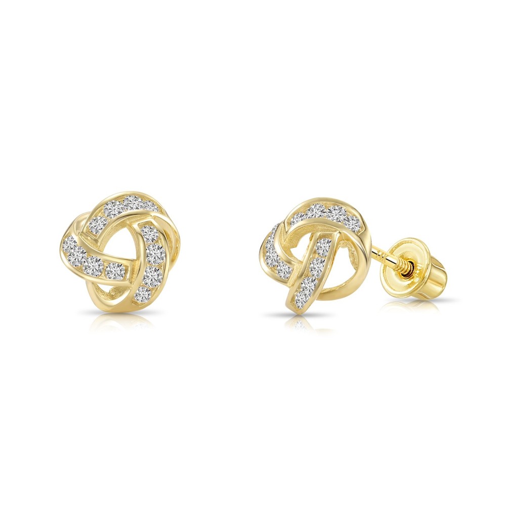 14K Real Solid Gold Dainty Love Knot Pave CZ Sleeper Stud Earrings Screw-back
