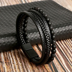 Black Leather Wrap Beaded Braided Multi-Strand Bracelet Magnetic Clasp