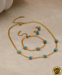 Natural Turquoise Necklace Bracelet Earring Set 18K Gold Plated Stainless Steel