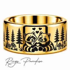 Raccoon and Red Panda Engraved Ring – Forest Animal Design – 8mm, 10mm,12mm
