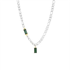 Silver Stainless Steel Figaro Chain Necklace Rectangle Green Zirconia Jewelry