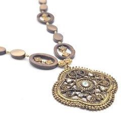 Boho Mother of Pearl Necklace Bronze Tone Filigree Pendant Crystal Accents