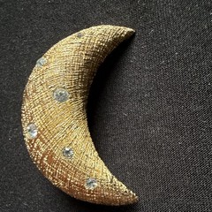 Vintage Christian Dior Gold Plate Textured Crescent Moon Brooch Pin Rhinestones