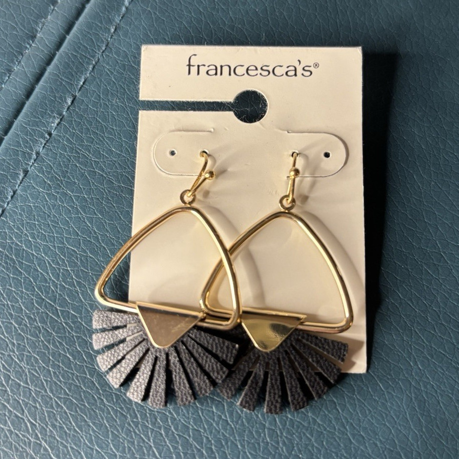 francesca’s Gold Tone Triangle Dangle Earrings Black Leather Fan Fringe Hook