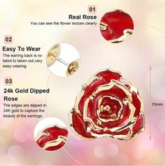 Red 24K Gold Dipped Real Forever Rose Stud Earrings