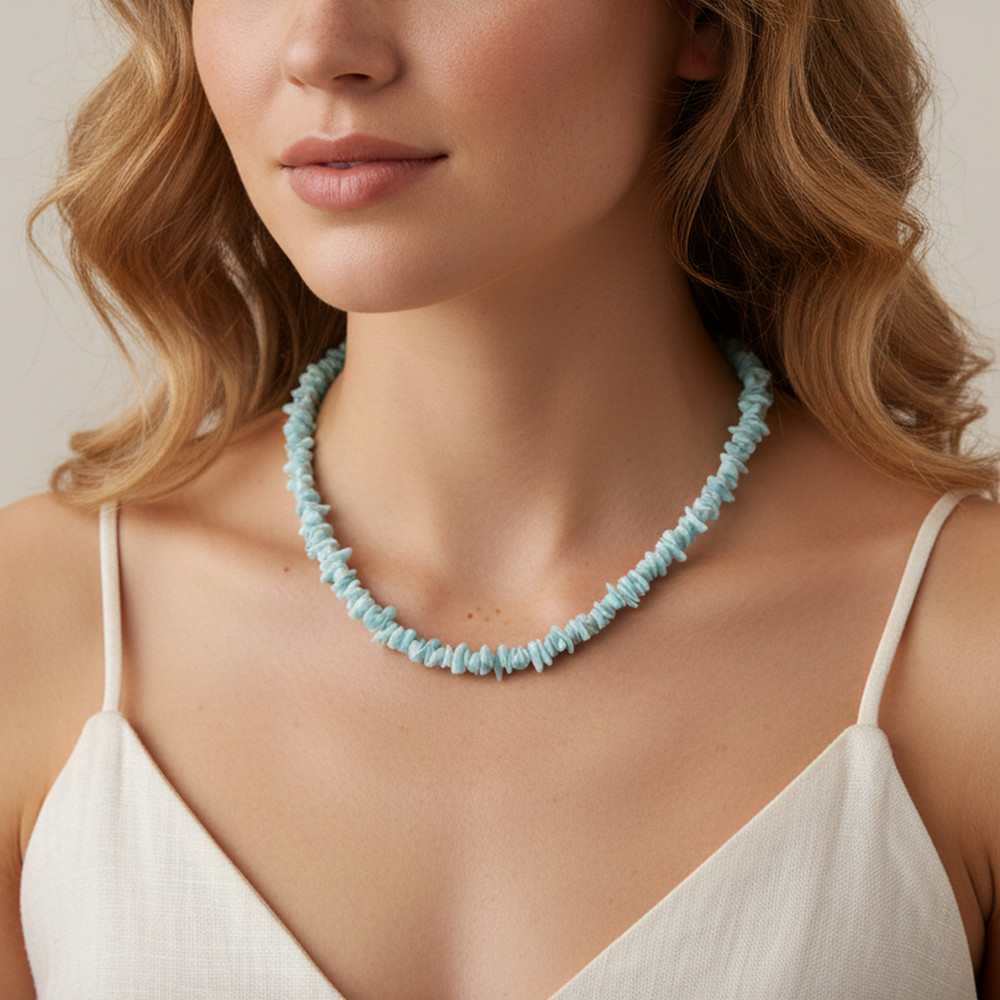 Natural Larimar Rough Nugget Beaded Necklace in 925 Sterling Silver, 24 Inch