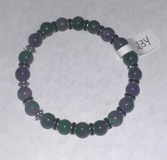 Purple & Green Bead Bracelet, Stone Beads, Black Rhinestones 7.5in, W/ Silver