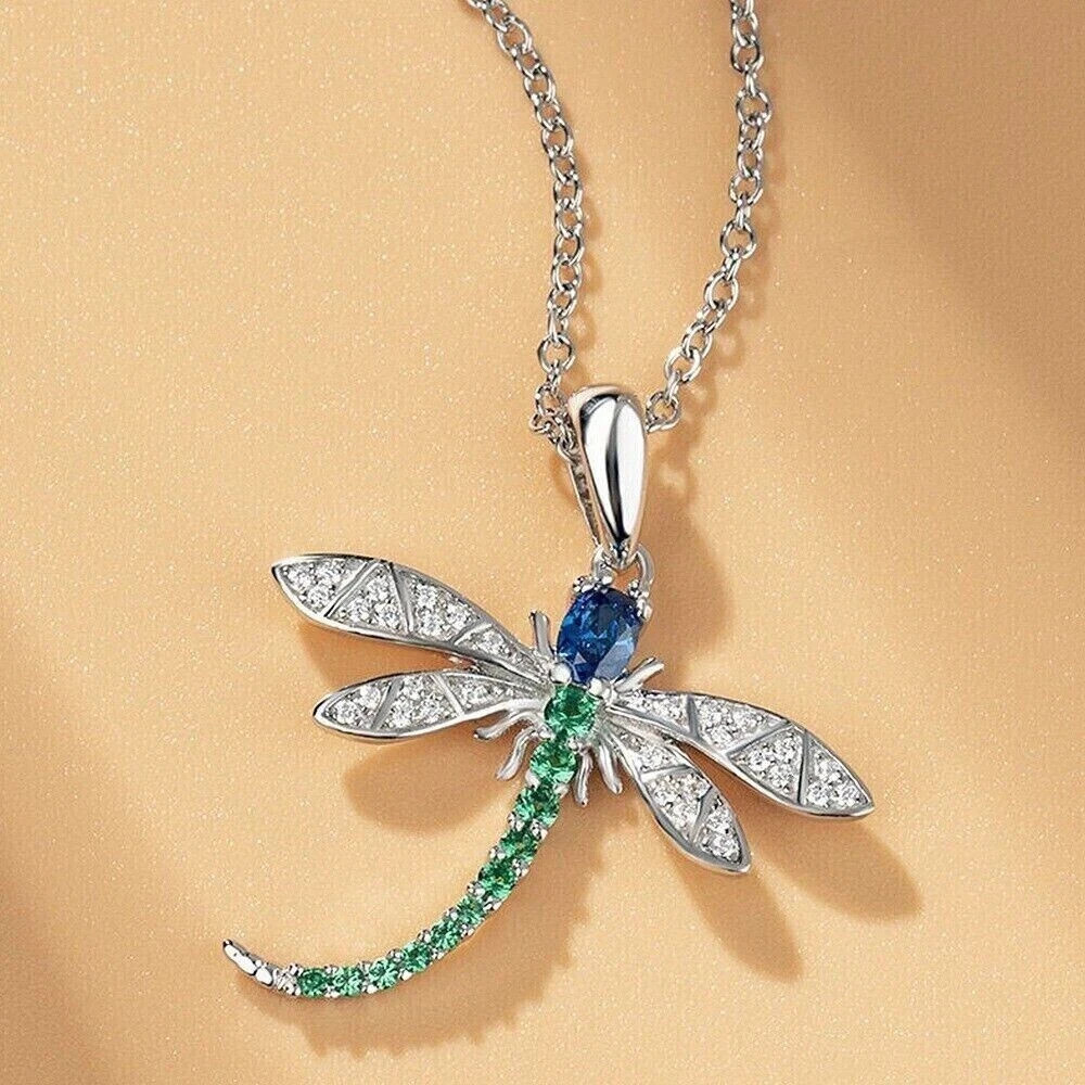 1.75Ct Simulated Sapphire & Emerald Dragonfly Pendant Chian14k White Gold Plated