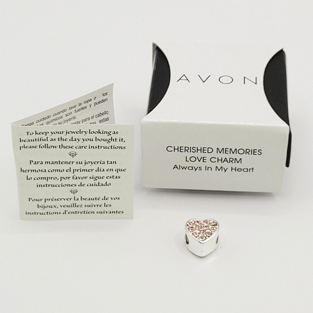 Avon Always in My Heart Pink Rhinestone Silver Tone Charm Cherished Memories