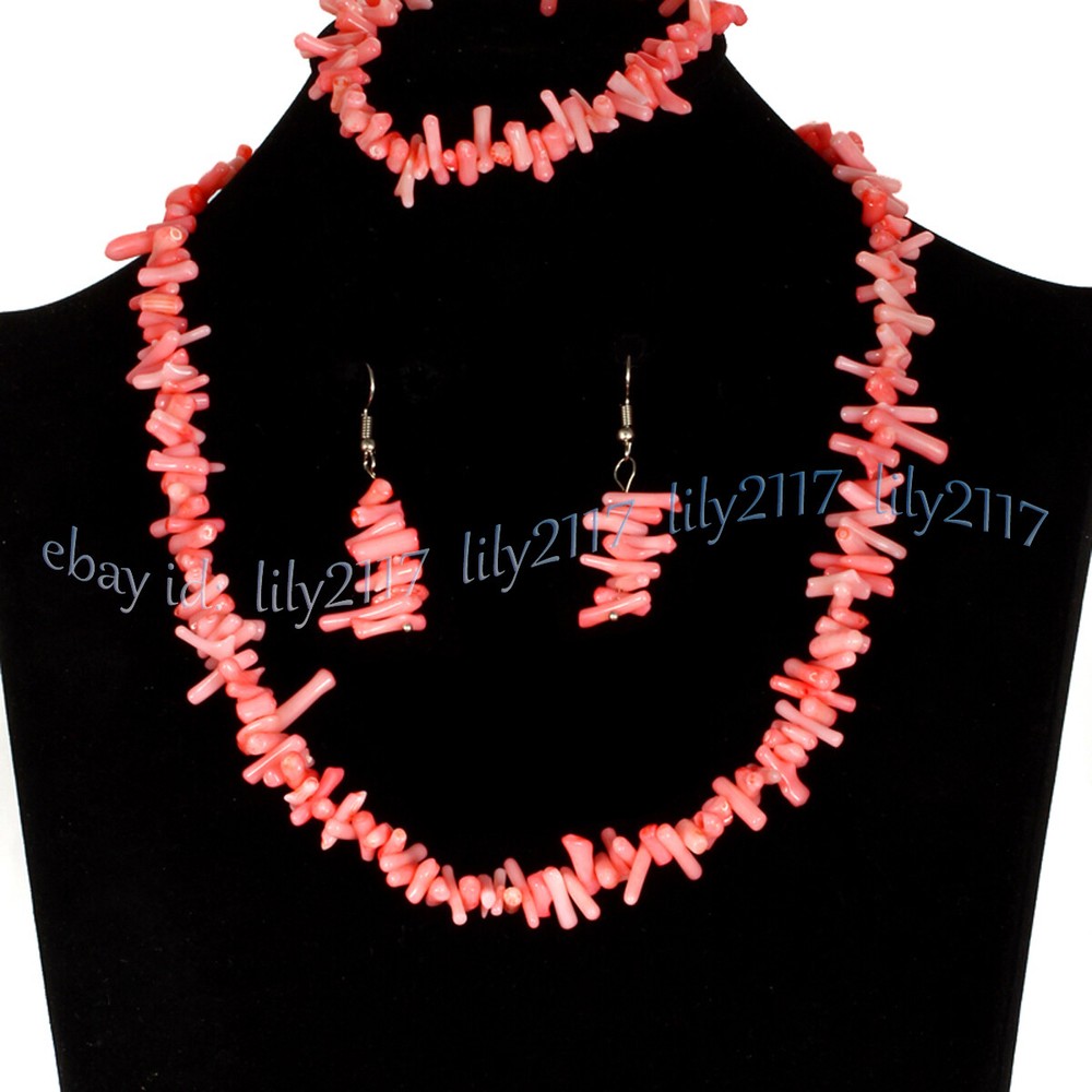 3-10mm Natural Irregular Pink Coral Chip Gems Necklace Bracelet Earring Set 18”