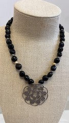 black onyx statement necklace large floral pendant, silver and gold beads, used