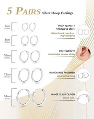 5 Pairs Small Huggie Hoop Earrings for Women, 5 Pairs Silver – 6/8/10/12/14mm