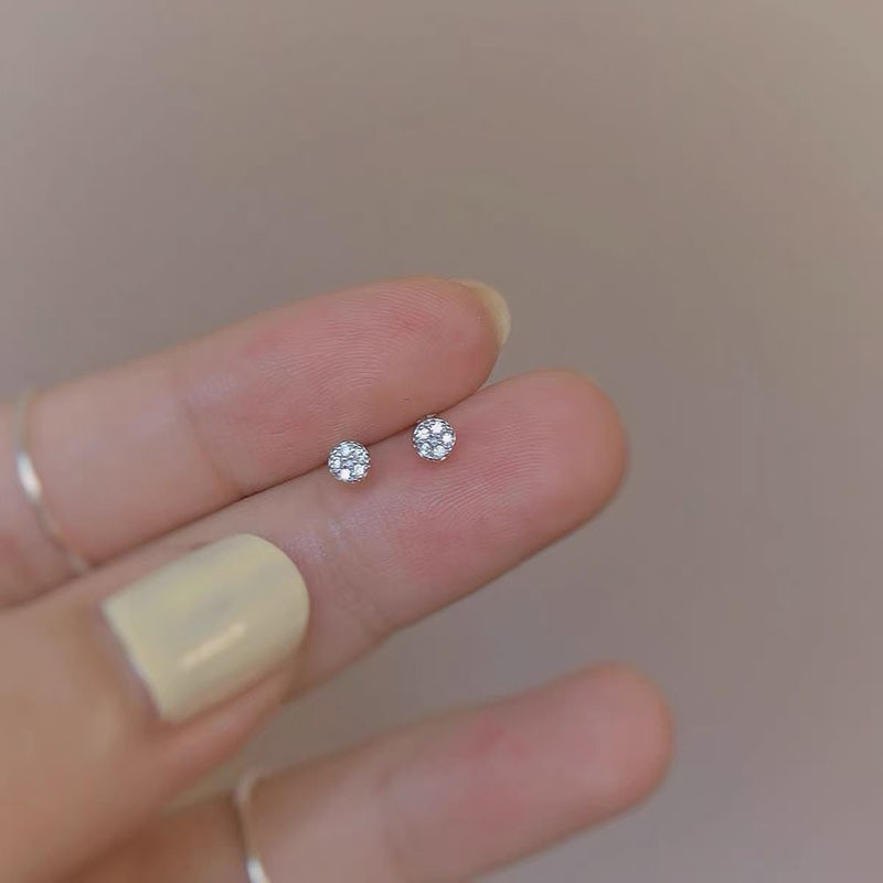 Sparkling Clear CZ Pavé Round Tiny Mini Stud Earrings Unisex Women Men Gift