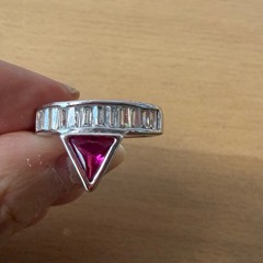 SYNTHETIC RUBY / PINK SAPPHIRE BAGUETTE RHINESTONES GEOMETRIC RING SILVER TONE