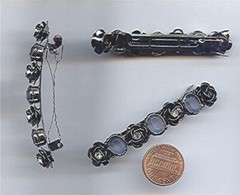 VINTAGE HEMATITE PLATED CRYSTAL FLOWERS LIGHT SAPPHIRE MATTE GEMS BARRETTE G475