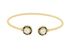 Simulated Diamond Two Stone & Flower Enamel Cuff Bracelet 14K Yellow Gold Plated
