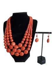 Orange Plastic Chunky Beaded Triple Strand Fashion Necklace And Earrings Set 18″
