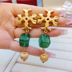 New Burch Roxanne Azure Green 18K Gold Plated Double Drop Clip-On Earrings