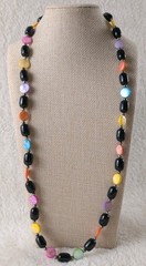 Long Multicolor Beaded Necklace Black Oval Beads Colorful Glass Statement