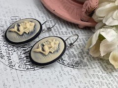 Mermaid Black Silver Wedding Gift Anniversary Earrings Cameo Birthday Sea Life