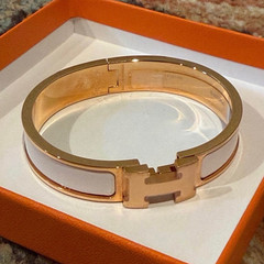 Hermès Clic H Enamel Hinged Bangle Bracelet White, Rose Gold Plated