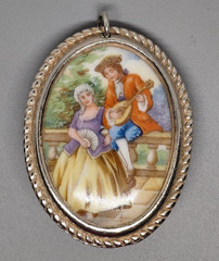 Vintage Limoges France Porcelain Pendant Romantic Courting Scene Oval