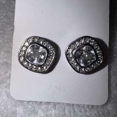 Square Clear Crystal Earrings w/Silver Tone Post Back for Pierced Ears 1/4 Wide