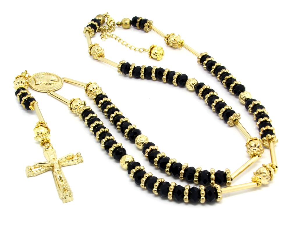 Gold Plated Black 39″ Wood Beaded Jesus Rosary Cross Pendant Pray Hands Charm