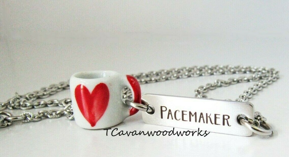 Pacemaker necklace Coffee or Tea lover Ceramic red heart mug Pacemaker stainless
