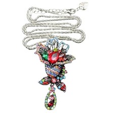 Betsey Johnson Necklace Multicolor Crystal Flower Pendant Silver Tone