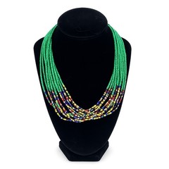 Seed Bead Necklace Green & Multicolor Multi Strand Statement Boho Style 18”