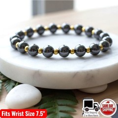 Hematite / Gold Plated Beads Design 8mm Beaded Bracelet Wrist Sz 7.5