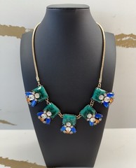 Statement Bib Faux Malachite Blue Amber & Clear Rhinestones Gold Tone Necklace