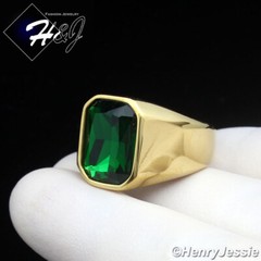 MEN’s Stainless Steel Rectangle Green Gemstone Gold Plated Ring Size 7-12*GR151