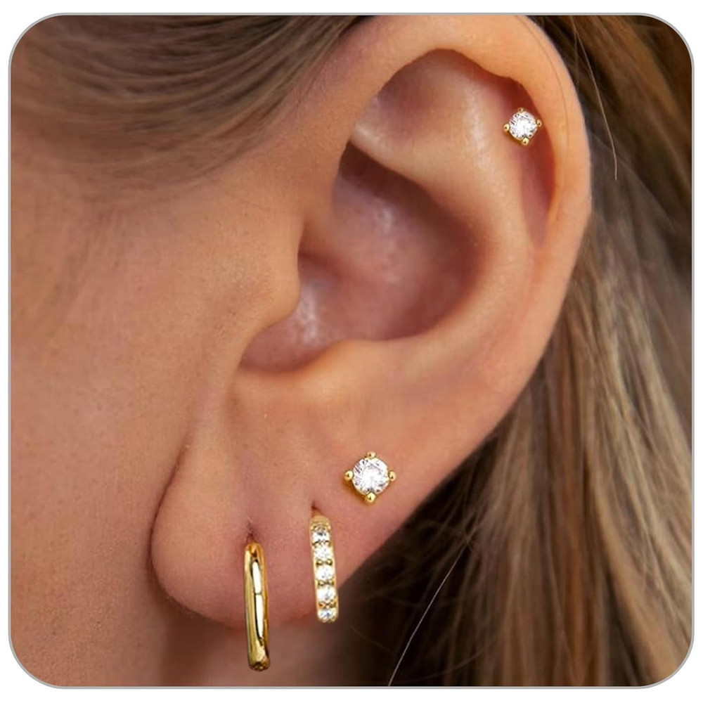 4 Pairs Gold Studs Earrings for Women, 14K Gold Plated Huggie Hoop Stack Earring