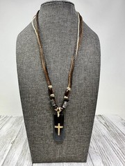 Boho Brown Cross Necklace Resin Pendant 1.75” | Multi Strand Earthy Cord