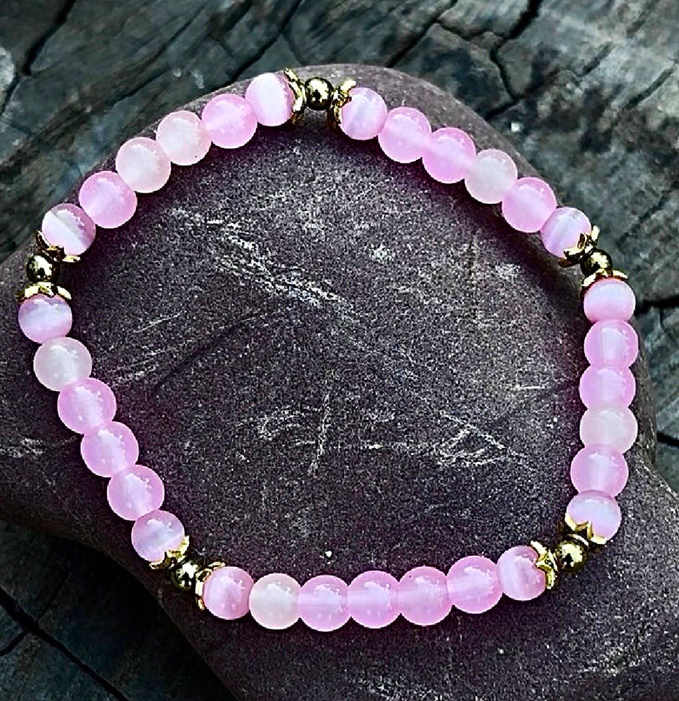 Pink Round Beaded Stretch Bracelet w/ Gold-Tone Spacer Beads, No Clasp