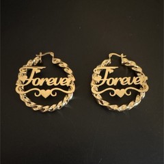14K Gold Plated Forever Letter Love Round Hoop Earrings Latch Back 50mm