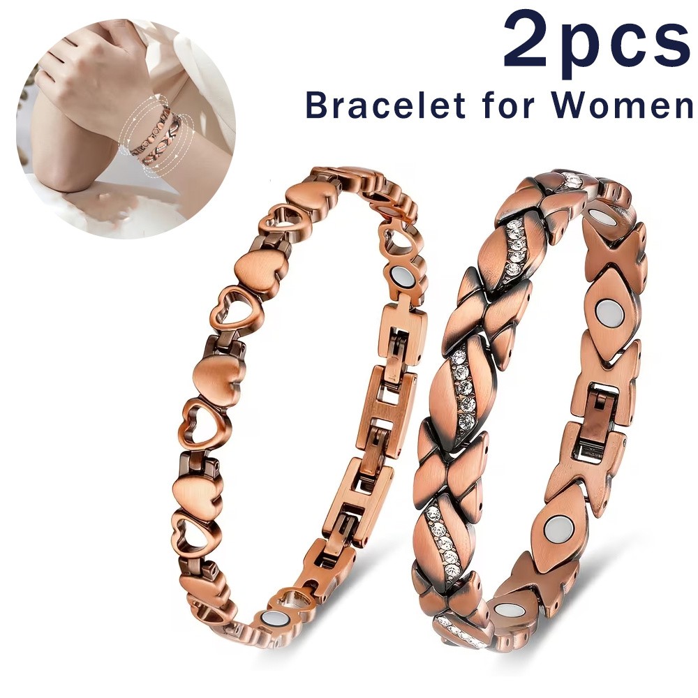 2PCS Heart Design Copper Magnetic Anklet Bracelet for Women Daily Wear,Parties